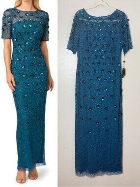 NWT ADRIANNA PAPELL DRESS BLUE LONG MAXI GOWN 3D FLORAL WEDDING GUEST FORMAL MOB